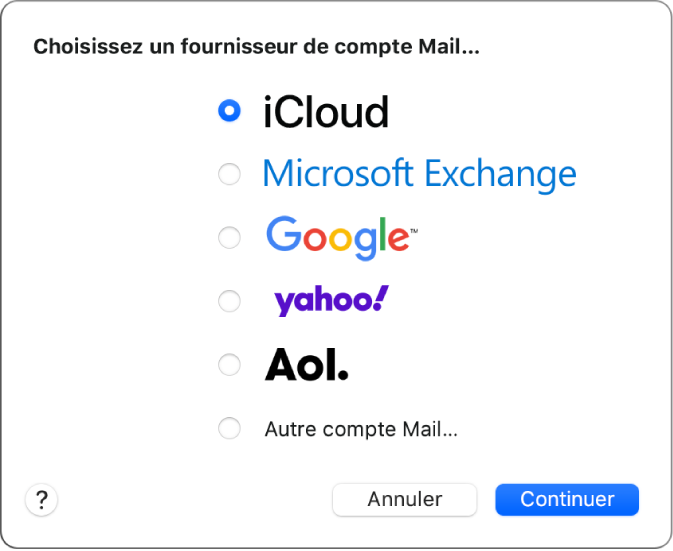 Zone de dialogue permettant de choisir le type de compte de messagerie, affichant iCloud, Exchange, Google, Yahoo, AOL et Autre compte Mail.