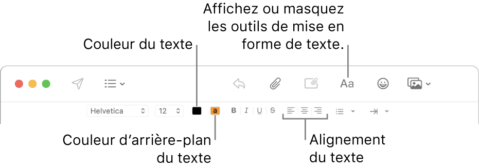 Barre d’outils et barre de mise en forme d’une nouvelle fenêtre de message indiquant la couleur du texte, la couleur d’arrière-plan du texte et les boutons d’alignement du texte.