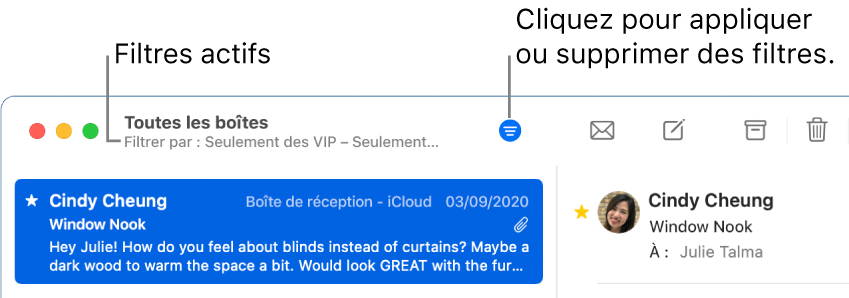 La fenêtre de Mail montrant la barre d’outils au-dessus de la liste des messages, avec les filtres appliqués par Mail, comme « Seulement des VIP ».