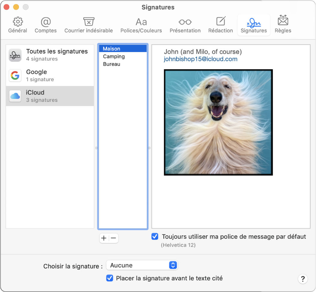 La sous-fenêtre de préférences Signatures de Mail affichant une signature qui contient du texte mis en forme ainsi qu’une image.