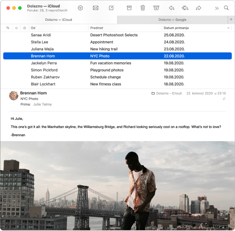 Prozor aplikacije Mail s prikazom popisa poruka u rasporedu stupaca – sa stupcima kao što su Šalje, Predmet i Datum primanja – i pretpregledom poruka ispod popisa.