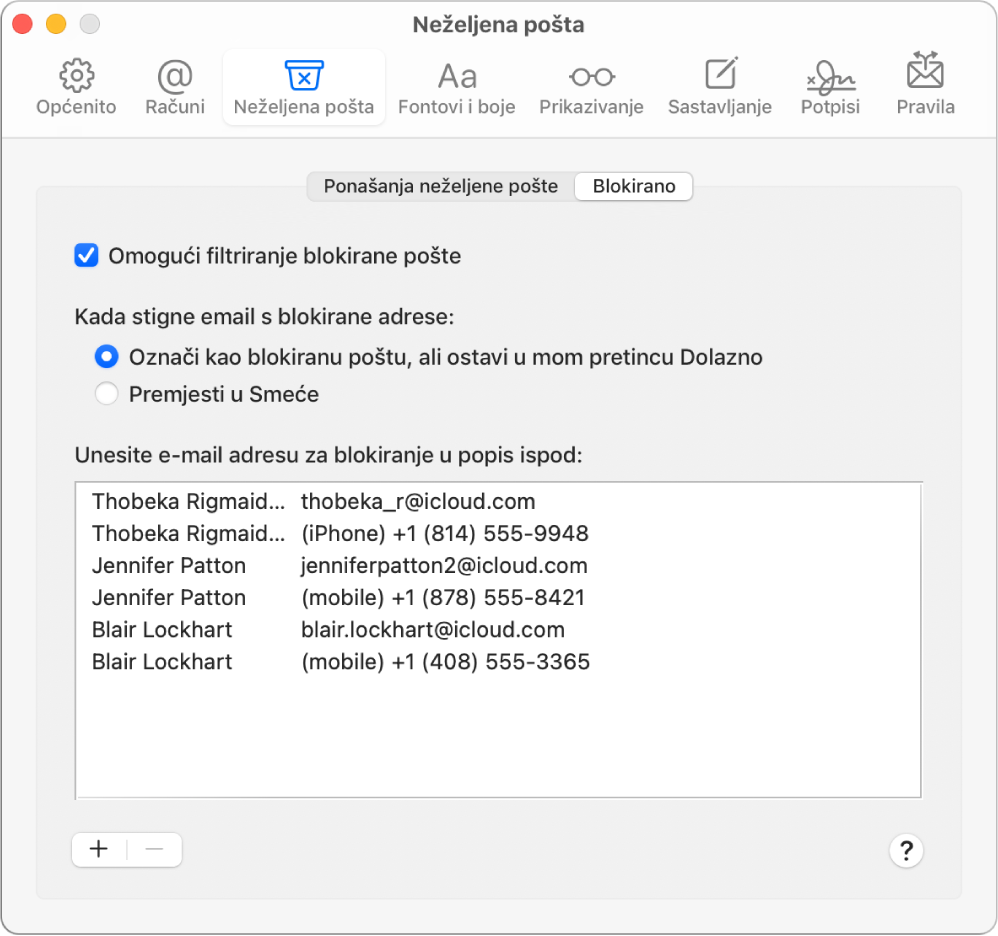 Okno postavki za opciju Blokirano s prikazom popisa blokiranih pošiljatelja. Označena je potvrdna kućica za omogućivanje filtriranja blokirane pošte, kao i opcija za označavanje blokirane pošta, ali koja po primitku ostaje u dolaznoj pošti.