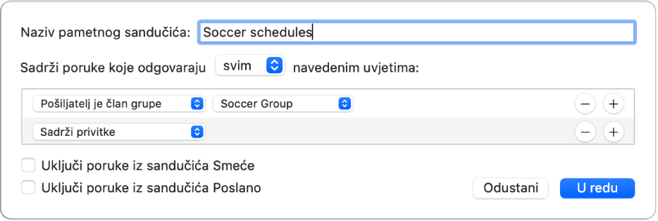 Prozor Pametne grupe koji prikazuje kriterije za grupu imena “Nogometni rasporedi”. Grupa ima dva uvjeta. Prvi uvjet ima dva kriterija, prikazana slijeva nadesno: “Pošiljatelj je član grupe” (odabrano u skočnom izborniku) i Nogometna grupa (odabrano u skočnom izborniku). Drugi uvjet ima jedan kriterij: “Sadrži privitke” (odabrano u skočnom izborniku).
