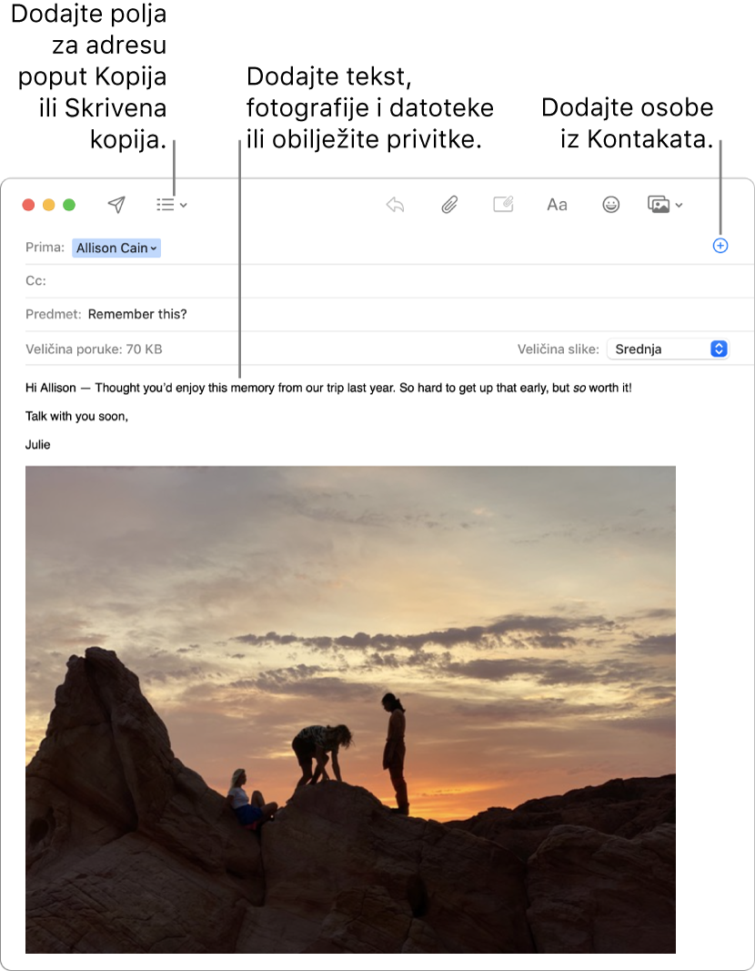 Prozor nove poruke označava tipku Polja zaglavlja, tipku Dodaj u adresnom polju za dodavanje osoba iz Kontakata te prikazuje obilježenu sliku u tijelu poruke.