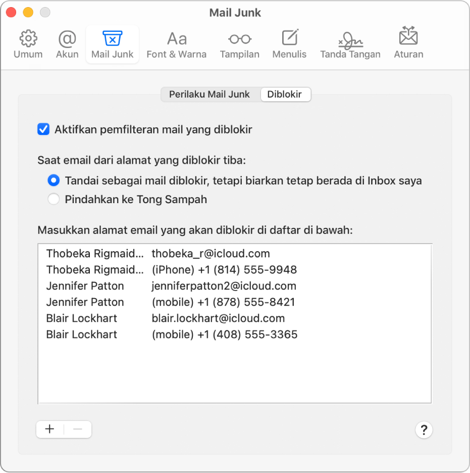 Panel preferensi Diblokir menampilkan daftar pengirim yang diblokir. Kotak centang untuk mengaktifkan pemfilteran mail yang diblokir dipilih, seperti pilihan untuk menandai mail yang diblokir tapi tetap menyimpannya di Inbox saat masuk.