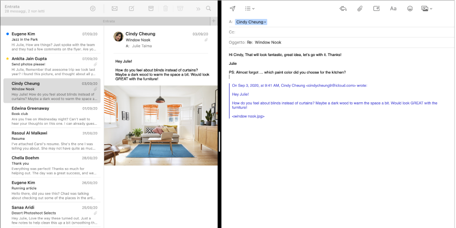 Elenco dei messaggi affiancato a una finestra di scrittura in modalità Split View.
