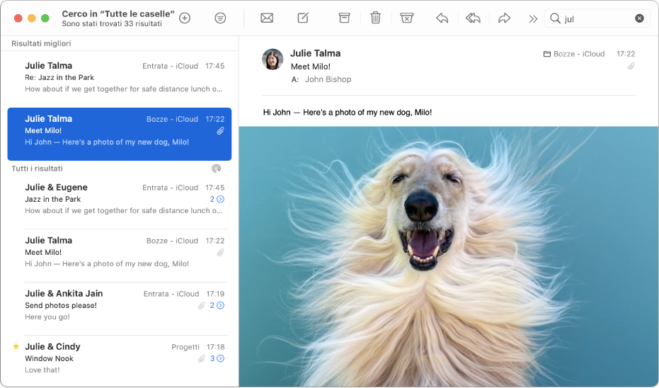 La finestra di Mail con il testo inserito nel campo di ricerca in alto a destra. Nell'elenco dei messaggi a sinistra, la sezione “Risultati migliori” con i risultati viene visualizzata nella parte superiore, mentre la sezione Tutti i risultati con i rispettivi risultati viene visualizzata nella parte inferiore.