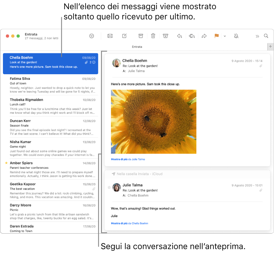 Viene visualizzato solo il messaggio più recente di una conversazione nella lista dei messaggi. Un numero nel messaggio superiore indica quanti messaggi della conversazione sono presenti nella casella attuale. Segui la conversazione nell'area di anteprima.