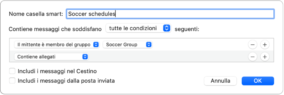 La finestra del gruppo smart che mostra i criteri per un gruppo chiamato “Programma calcetto”. Il gruppo ha due condizioni. La prima condizione ha due criteri, mostrati da sinistra a destra: “Il mittente è membro del gruppo” (selezionato in un menu a comparsa) e “Gruppo calcetto” (selezionato in un menu a comparsa). La seconda condizione ha un criterio: “Contiene allegati” (selezionato in un menu a comparsa).