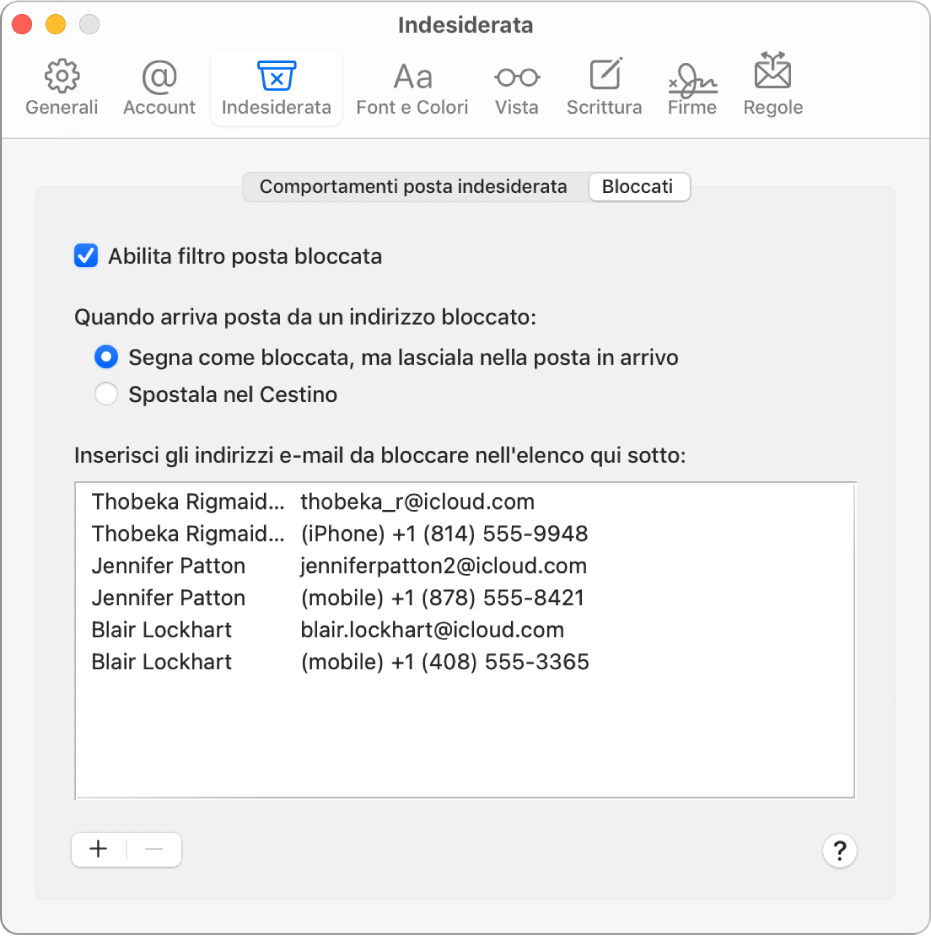 Il pannello delle preferenze Bloccati con un elenco dei mittenti bloccati. Il riquadro per abilitare il filtro dei messaggi e-mail bloccati è selezionato, come l'opzione che contrassegna le e-mail bloccate ma che quando arrivano vengono lasciate nella casella Entrata.