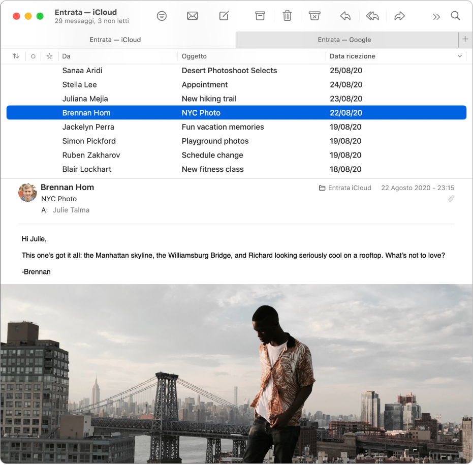 La finestra di Mail che mostra l'elenco dei messaggi nel layout colonne, con colonne come Da, Oggetto e “Data ricezione”, e l'anteprima dei messaggi sotto l'elenco.