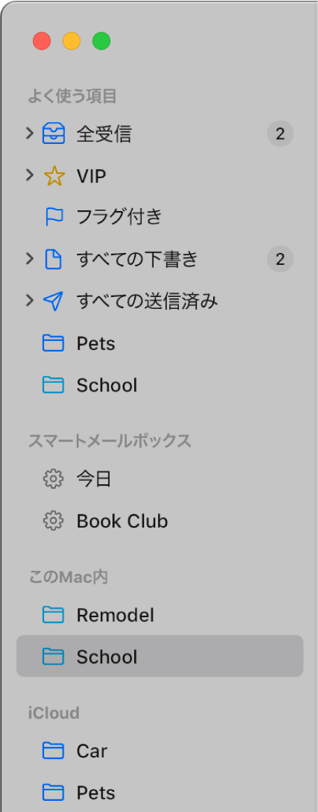 「メール」サイドバー。サイドバーの上部に標準のメールボックス（「受信」トレイ、「下書き」など）が表示され、「このMac内」セクションと「iCloud」セクションにユーザ作成のメールボックスが表示されています。