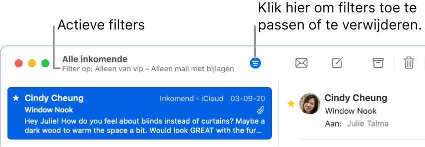 Het Mail-venster met boven de berichtenlijst de knoppenbalk waarin de toegepaste filters worden weergegeven, zoals 'Alleen van vip'.