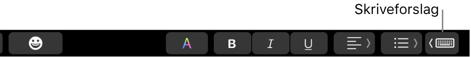 Touch Bar, med knappen for å vise skriveforslag til høyre.