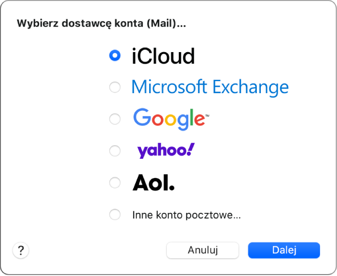 Okno dialogowe z prośbą o wybranie typu konta email, zawierające pozycje iCloud, Exchange, Google, Yahoo, AOL oraz Inne konto pocztowe.