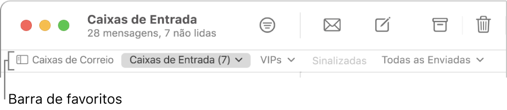 Barra de Favoritos mostrando o botão Caixas de Correio e botões para acessar as caixas de correio favoritas, como VIPs e Sinalizadas.