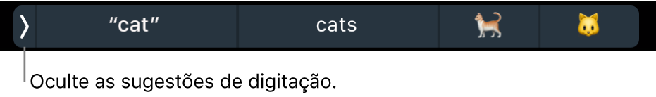 Sugestões de digitação mostrando palavras e emojis, e o botão para ocultar as sugestões de digitação à esquerda.