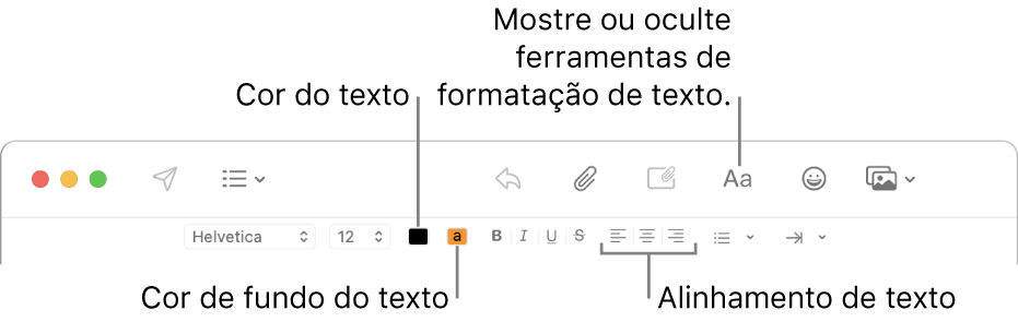 A barra de ferramentas e a barra de formatação numa janela de nova mensagem, indicando a cor do texto, a cor de fundo do texto e os botões de alinhamento do texto.