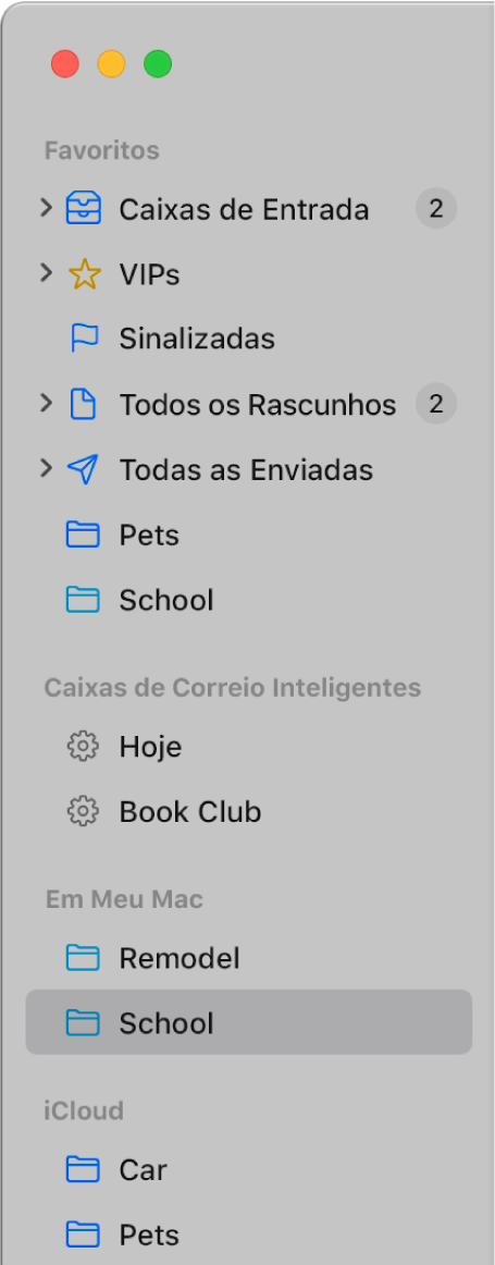 A barra lateral do Mail mostrando caixas de correio padrão (como Caixa de Entrada e Rascunhos) na parte superior da barra lateral e caixas de correio criadas nas seções Em Meu Mac e iCloud.