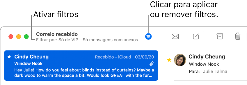 A janela do Mail a mostrar a barra de ferramentas por cima da lista de mensagens, em que o Mail indica que filtros (como “Apenas de VIP”) são aplicados.