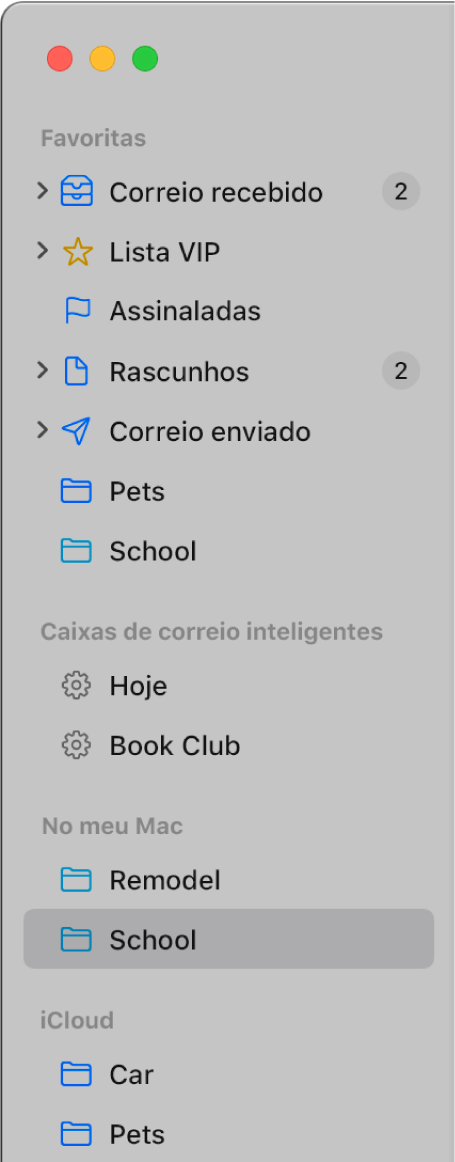 Barra lateral do Mail a mostrar as caixas de correio padrão (como Recebido e Rascunhos), na parte superior da barra lateral, e as caixas de correio criadas nas secções No meu Mac e iCloud.