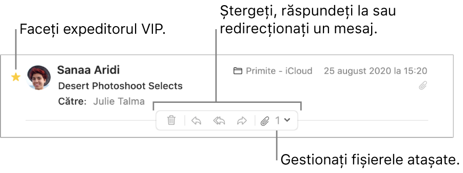 Un antet de mesaj afișând o stea lângă numele expeditorului, pentru a marca expeditorul ca VIP, și butoane pentru ștergerea, răspunderea la sau redirecționarea unui mesaj și pentru gestionarea fișierelor atașate.