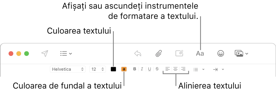 Bara de instrumente și bara de formatare dintr-o fereastră de mesaj nou indicând culoarea textului, culoarea fundalului textului și butoanele de aliniere a textului.
