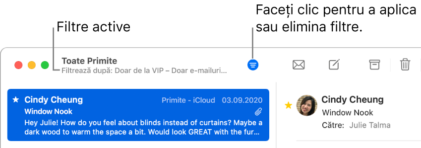 Fereastra Mail afișând bara de instrumente de deasupra listei de mesaje, unde Mail arată ce filtre, de exemplu “Doar de la VIP”, sunt aplicate.
