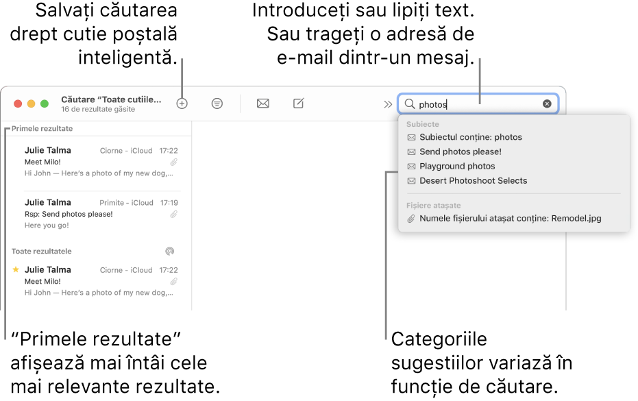 Cutia poștală în care se efectuează căutarea este evidențiată în bara de căutare. Pentru a căuta în altă cutie poștală, faceți clic pe numele acesteia. Puteți să scrieți sau să lipiți text în câmpul de căutare sau puteți să trageți o adresă de e-mail dintr-un mesaj. Pe măsură ce introduceți textul, apar sugestii sub câmpul de căutare. Acestea sunt organizate în categorii, de exemplu Subiect sau Fișiere atașate, în funcție de textul căutat. Primele rezultate afișează la început cele mai relevante rezultate.