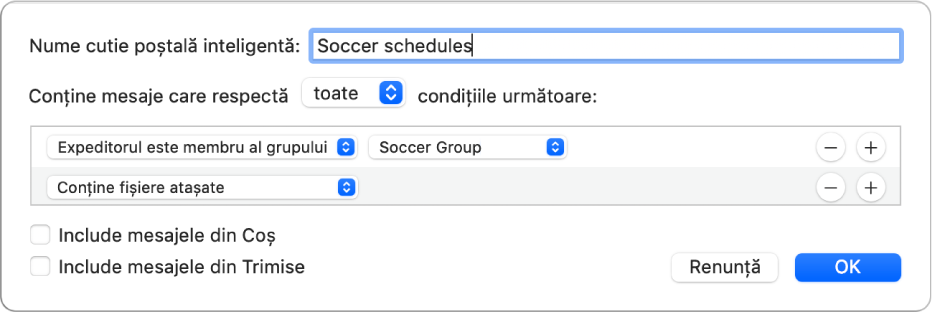 Fereastra grupului inteligent afișând criteriile pentru un grup denumit “Calendar de fotbal”. Grupul are două condiții. Prima condiție are două criterii, afișate de la stânga la dreapta: “Expeditorul este membru al grupului” (selectat într‑un meniu pop‑up) și Grup de fotbal (selectat într‑un meniu pop‑up). Cea de a doua condiție are un criteriu: “Conține fișiere atașate” (selectat într‑un meniu pop‑up).