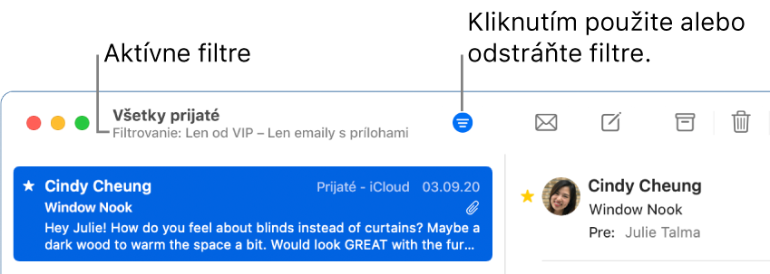 Okno apky Mail zobrazujúce panel s nástrojmi nad zoznamom správ, kde apka Mail označuje, ktoré filtre sú použité, ako napríklad Len od VIP.