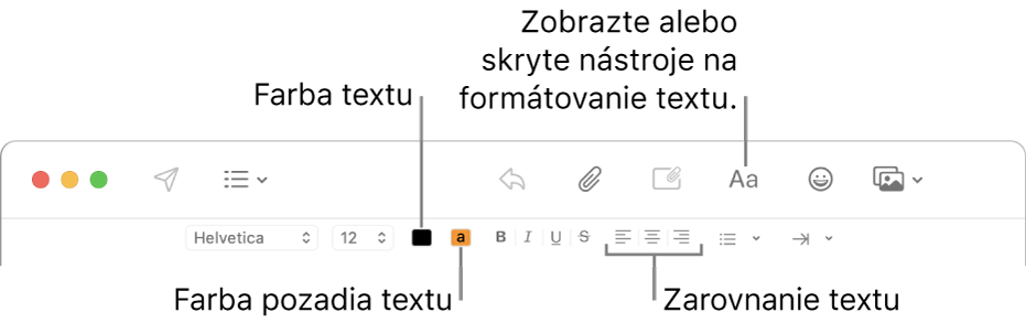 Panel s nástrojmi a panel formátovania v okne novej správy označujúci farbu textu, farbu pozadia textu a tlačidlá zarovnania textu.