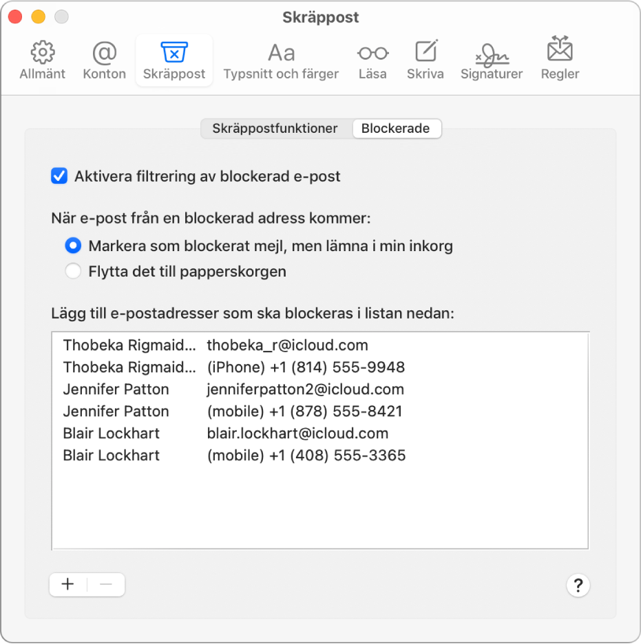 Inställningspanelen Blockerade visar en lista med blockerade avsändare. Kryssrutan för att aktivera filtrering av blockerade mejl är markerad liksom alternativet att märka blockerade mejl men låta dem ligga kvar i inkorgen när de anländer.