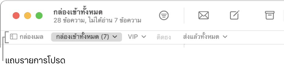 แถบรายการโปรดที่แสดงปุ่มกล่องเมลและปุ่มต่างๆ สำหรับเข้าถึงกล่องเมลโปรด เช่น VIP และติดธง