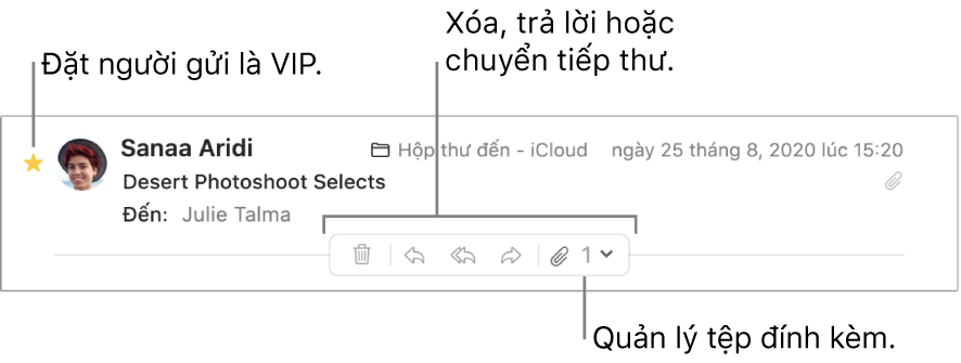 Tiêu đề thư hiển thị ngôi sao bên cạnh tên người gửi để đặt người gửi là VIP và các nút để xóa, trả lời và chuyển tiếp thư và để quản lý các tệp đính kèm.