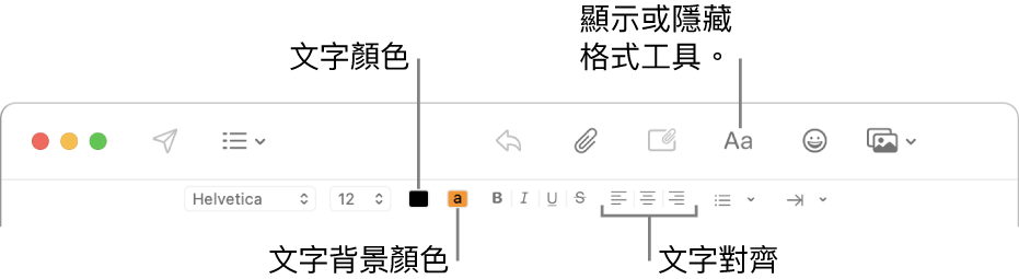 新增郵件視窗中的工具列和格式列，顯示文字顏色、文字背景顏色和文字對齊方式按鈕。