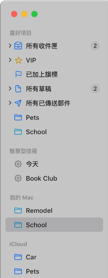 「郵件」側邊欄會在頂端顯示標準信箱（如「收件匣」和「草稿」），以及您在「我的 Mac」區域和 iCloud 區域所製作的信箱。