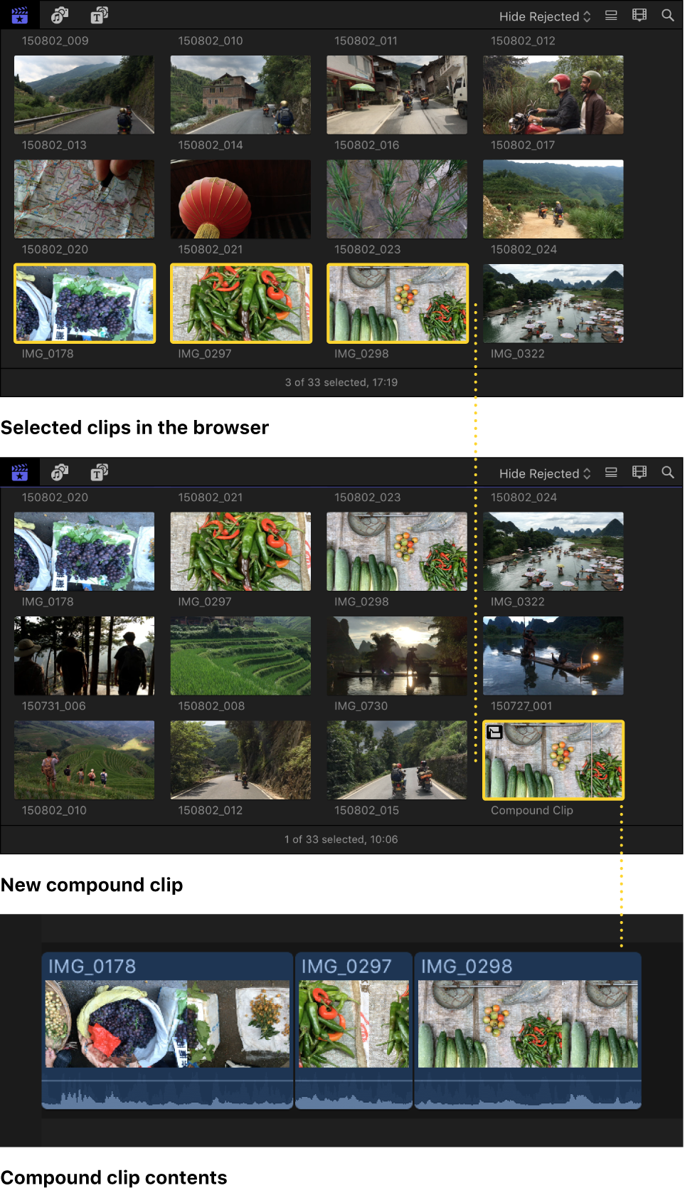 Un clip compuesto creado a partir de clips seleccionados en el explorador