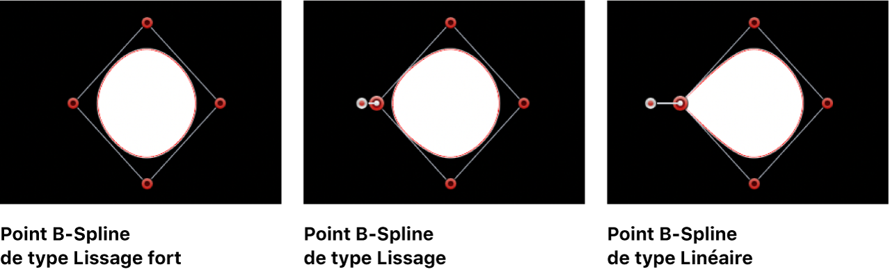 Visualiseur affichant une forme de masque avec des points B-Spline réglés sur Lissage fort, Lissage et Linéaire