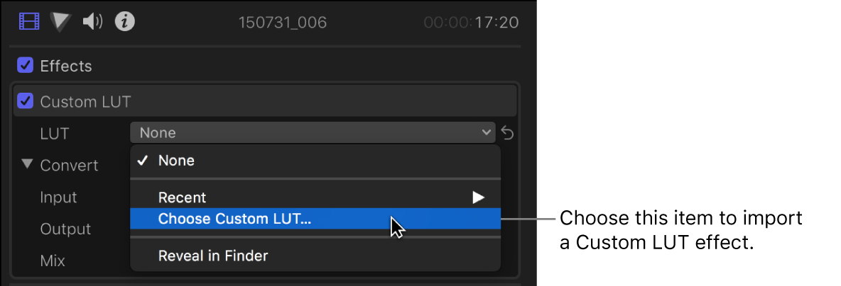 「ビデオ」インスペクタの「カスタムLUT」セクションにある「LUT」ポップアップメニューで「カスタムLUTを選択」が選択されている