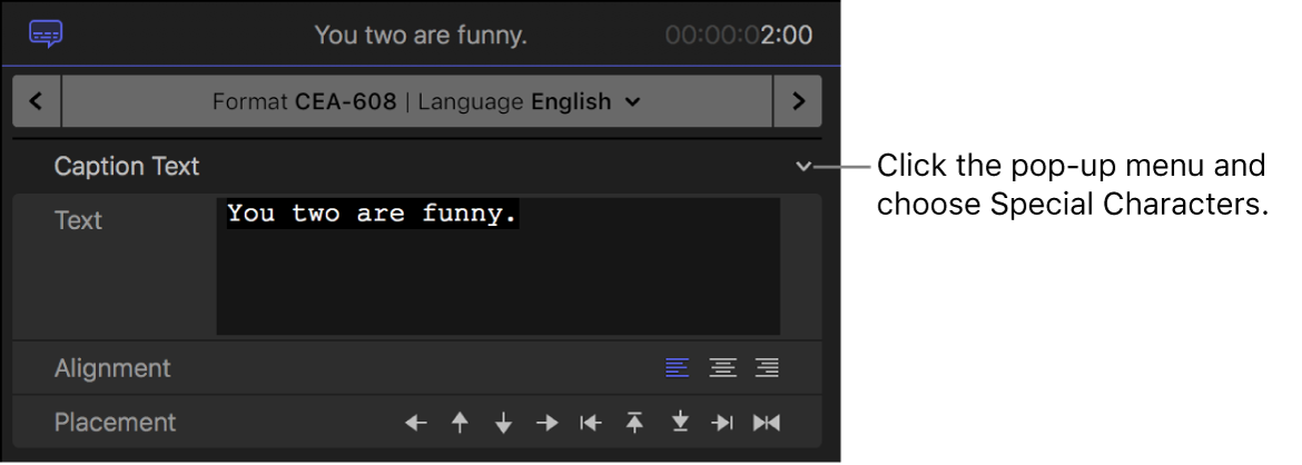 「キャプションテキスト」見出しの右にポップアップメニューが表示されている「キャプション」インスペクタ