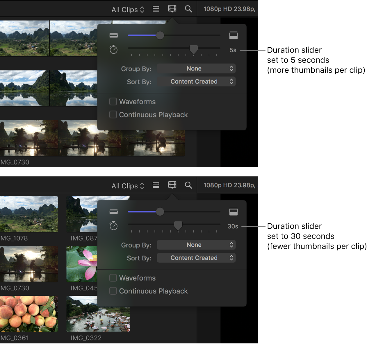 ブラウザでのフィルムストリップの見た目の長さの比較（「継続時間」スライダが5秒/30秒に設定されているとき）