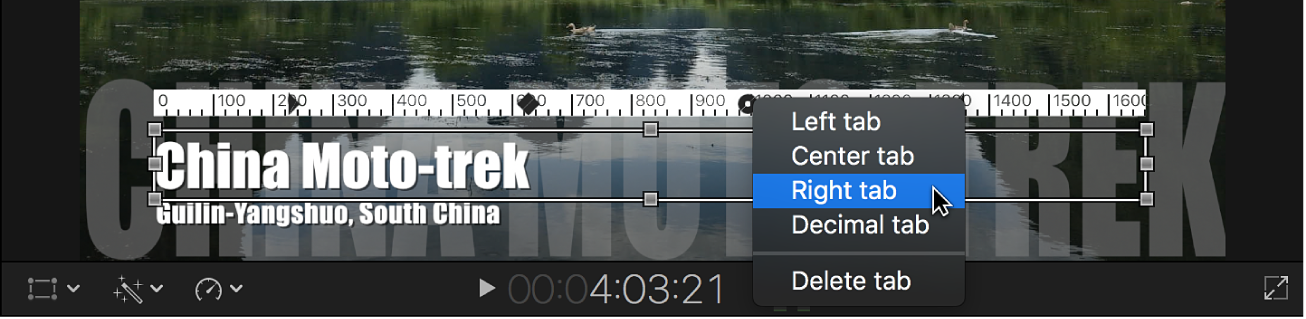 检视器中段落文本对象上方的标尺,带有显示制表符类型选项的快捷菜单