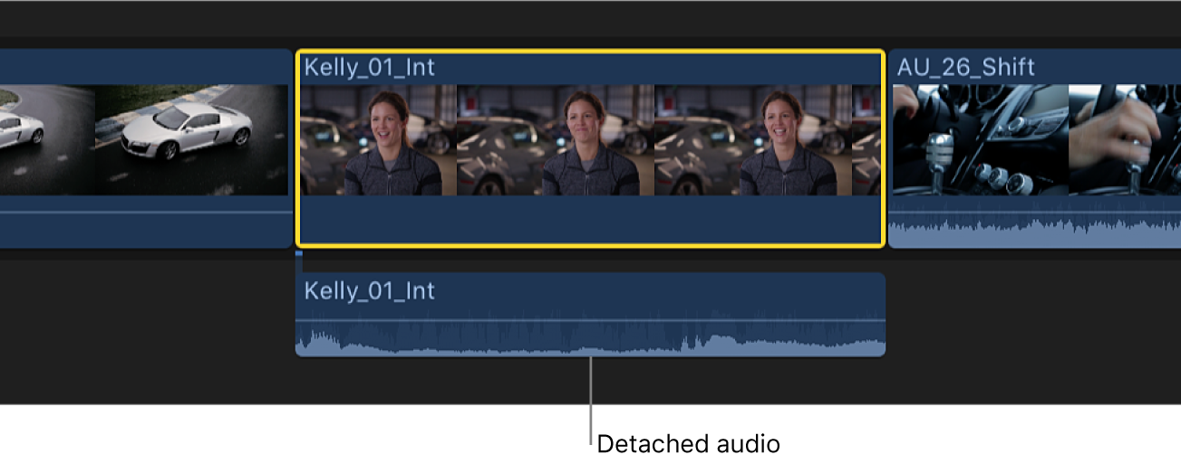 时间线中的片段，其中音频部分已分离，但仍连接到视频部分