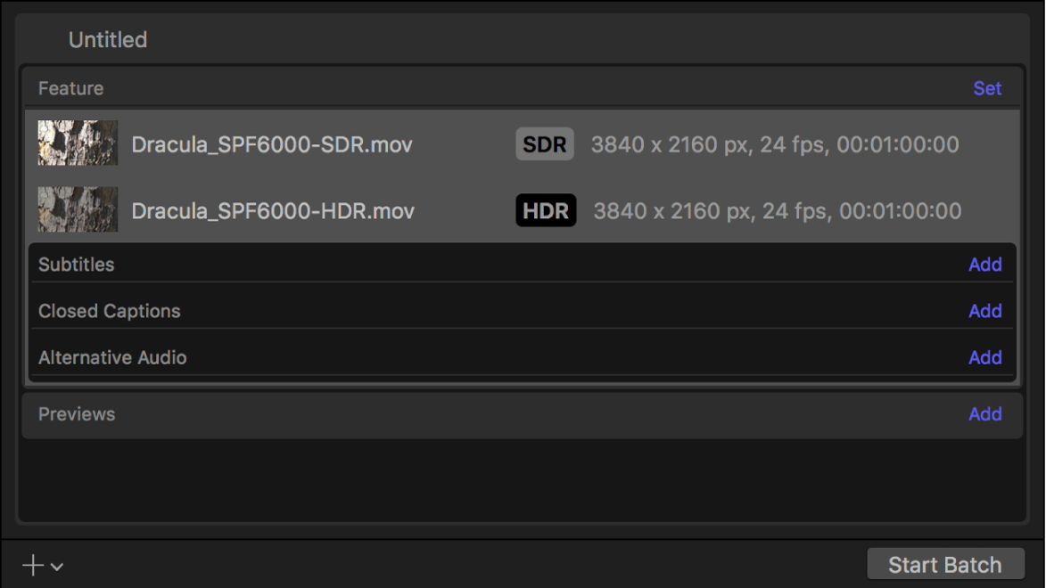 Batch area showing output rows for SDR video and HDR video.