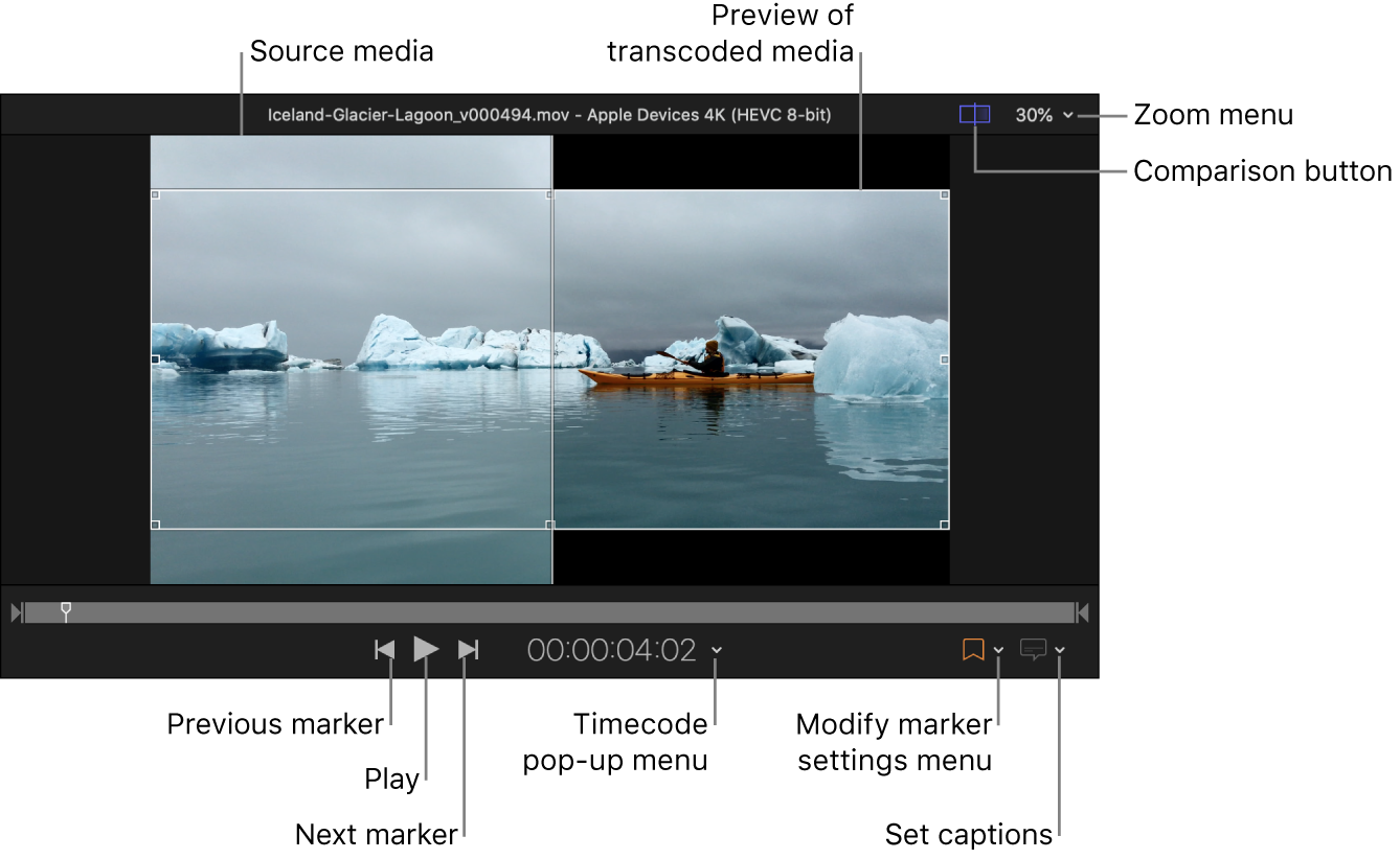Área de vista previa mostrando los controles de reproducción y la comparación entre el contenido fuente multimedia y una vista previa del contenido multimedia transcodificado.
