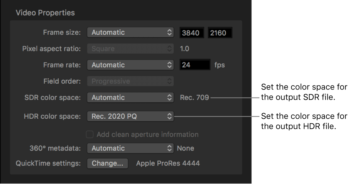 视频检查器的“视频属性”，显示 SDR 色彩空间弹出式菜单和 HDR 色彩空间弹出式菜单，在此处您可以设定输出文件的色彩空间。