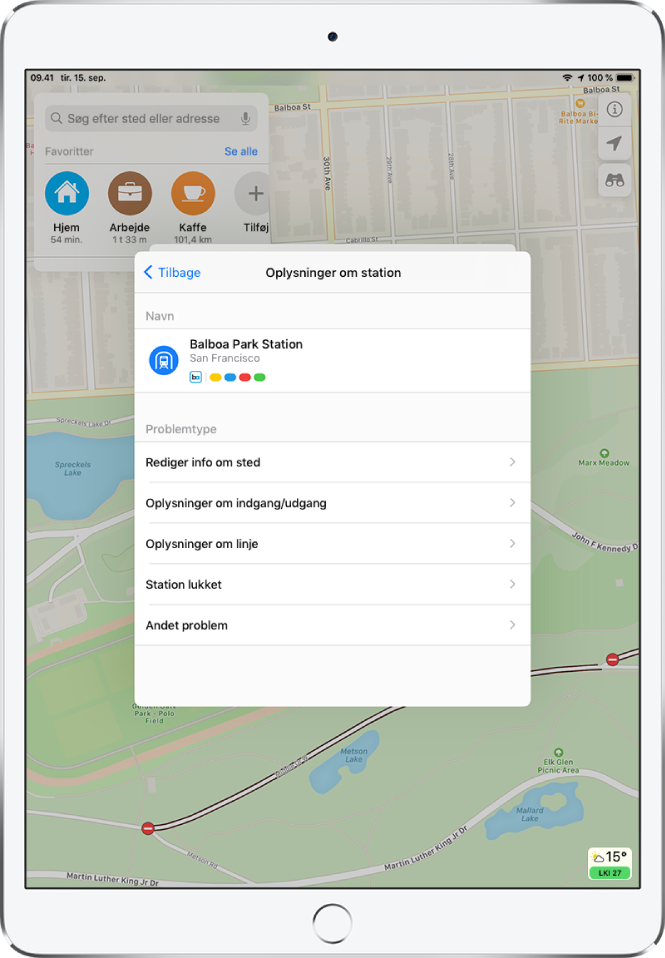En del af en rapport om forkerte oplysninger om en station til offentlig transport. Følgende forhold kan rapporteres: Rediger info om et sted, Oplysninger om indgang/udgang, Oplysninger om linje, Station lukket eller Andet problem.