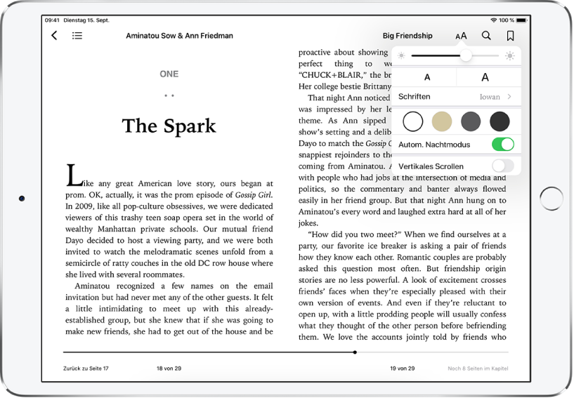 Ein in der App „Bücher“ auf der ersten Seite geöffnetes Buch mit Steuerelementen für die Navigation oben auf dem Bildschirm. Die Taste „Erscheinungsbild“ ist ausgewählt und von oben nach unten sind die folgenden für das Erscheinungsbild relevanten Einstellungen zu sehen: „Helligkeit“, „Schriftgröße“, „Schrift“, „Hintergrundfarbe“, „Automatischer Nachtmodus“ und „Rollansicht“.