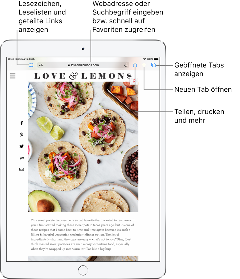 Eine in Safari geöffnete Webseite, auf der von links nach rechts die folgenden Steuerelemente zu sehen sind: die Tasten „Zurück“, „Vorwärts“ und „Lesezeichen“ sowie das Adressfeld und die Tasten „Teilen“, „Neuer Tab“ und „Seiten“.